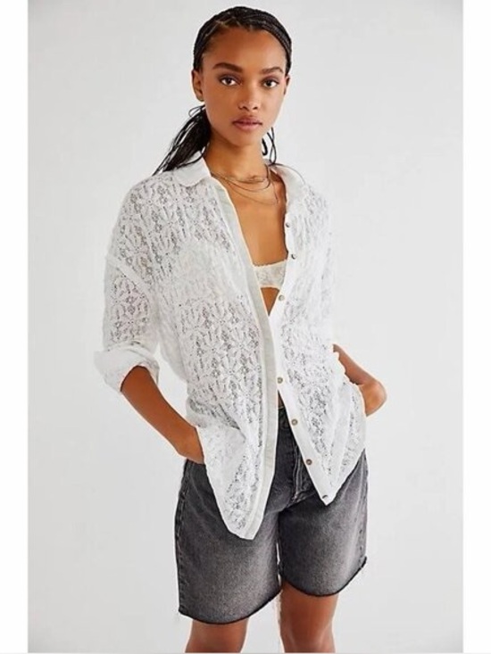 Free People Tops - Free People Must Have Tunic M White Sheer Lace Button Front Tie Back Top NWT